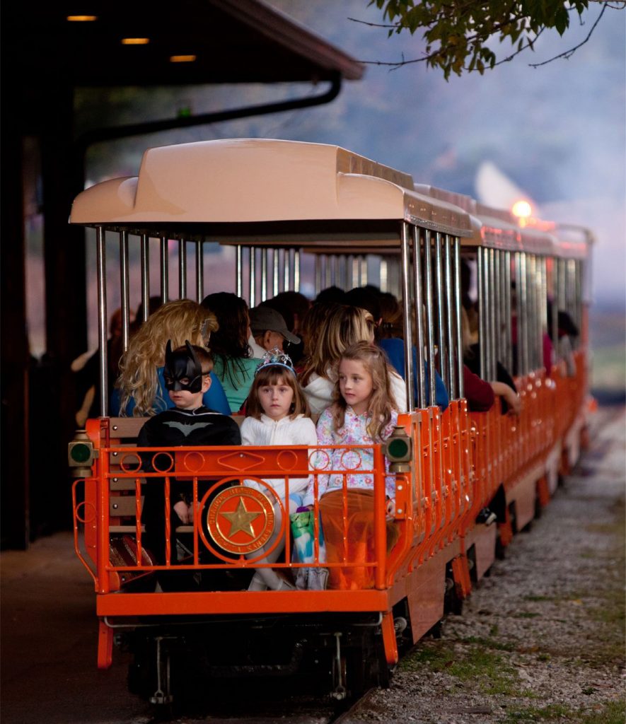 a group of kids in costume on a train